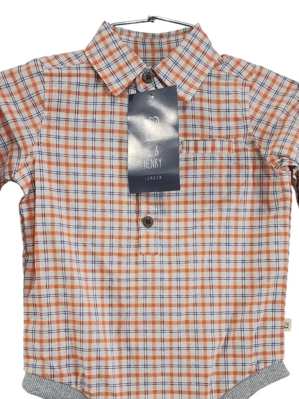 ME & HENRY Orange Navy Plaid Woven Bodysuit - Size 12/18m